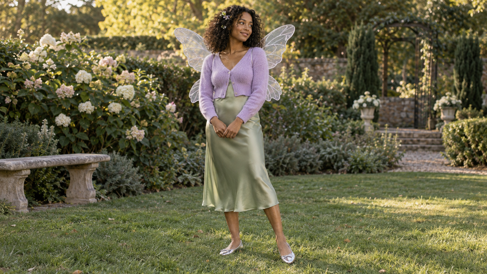Lavender and Sage Fairy Costume with Sage Midi Skirt and Lavender Cardigan